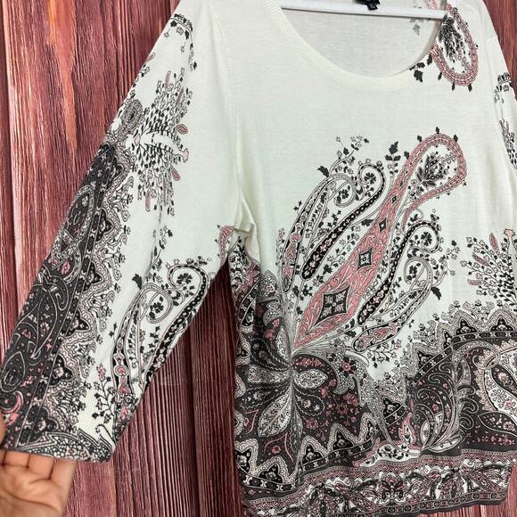 Talbots 2X Sweater Top Paisley Print 3/4 Sleeve Brown Pink Ivory Cotton Blend - Picture 7 of 7